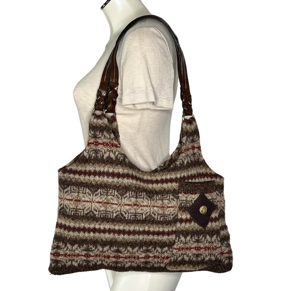 RARE EDDIE BAUER Brown Wool Blend Shoulder Tote Bag Leather Braided Straps - Picture 16 of 16